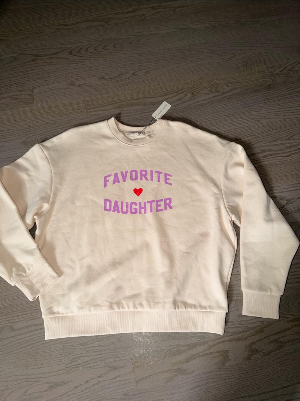 Favorite Daughter Cream Crewneck Sweatshirt with Lilac Text and Red Heart